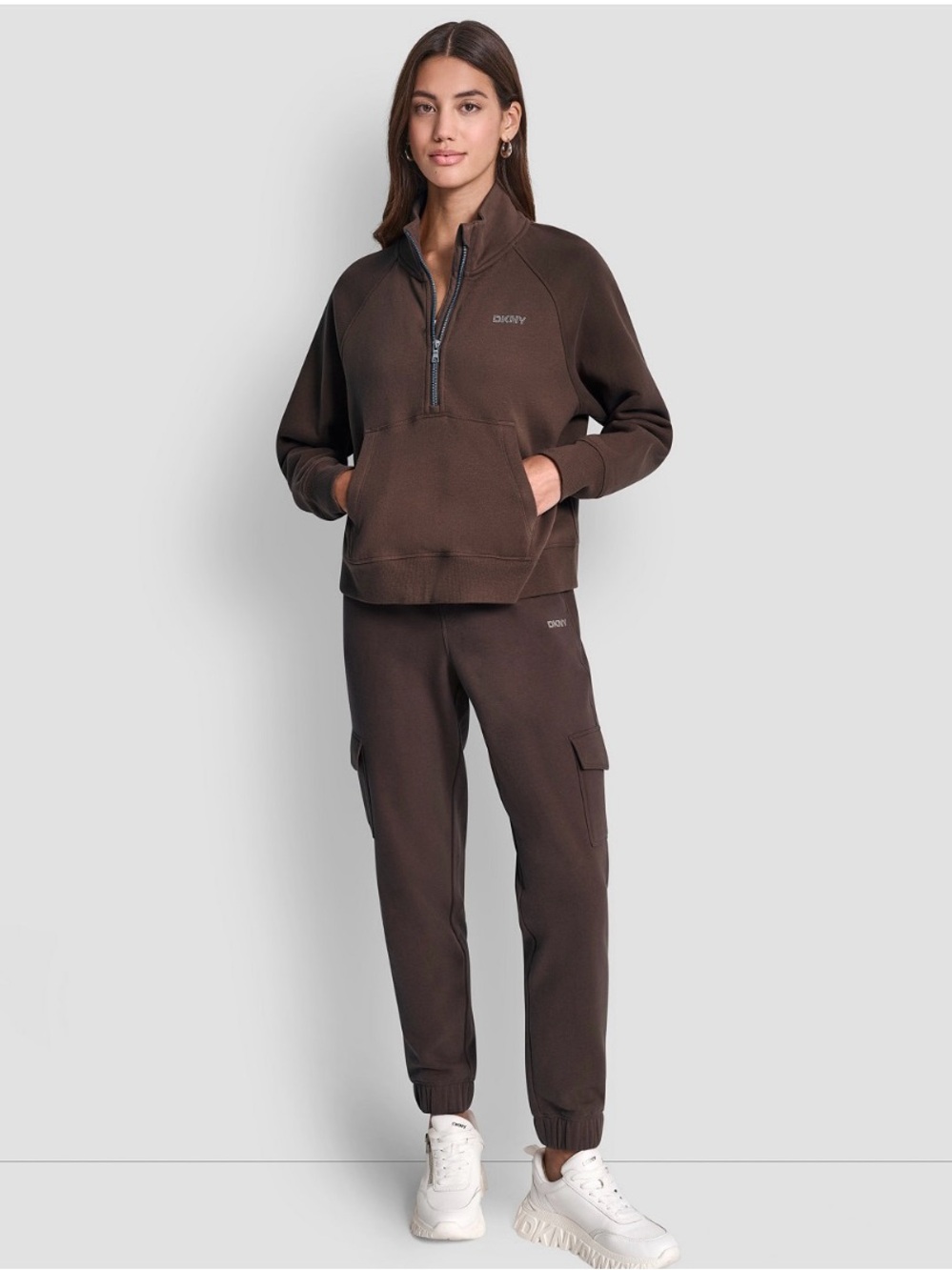 DKNY Women's Set :Brown Cargo Jogger Pants and sweatshirt, fleece lined